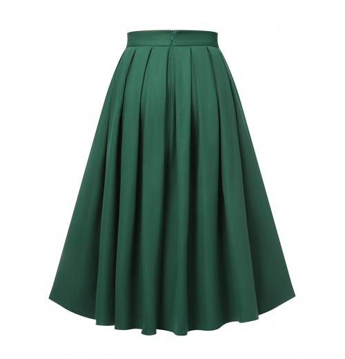 Green  Solid Pleated Skirts