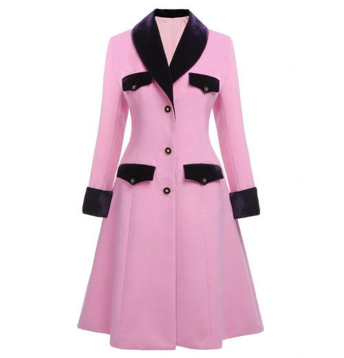 Pre-Sale Plus Size Pink  Velvet Patchwork Button Coat