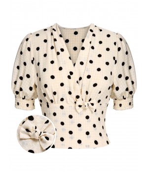 Beige  Dots Bowknot V-Neck Blouse