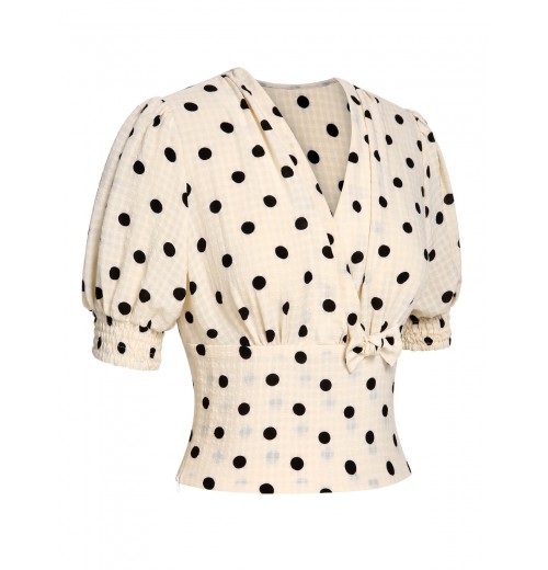 Beige  Dots Bowknot V-Neck Blouse