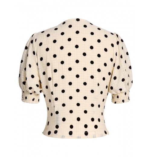 Beige  Dots Bowknot V-Neck Blouse