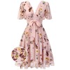 Pink Flowers And Birds Bowknot V-Neck Dress