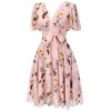 Pink Flowers And Birds Bowknot V-Neck Dress