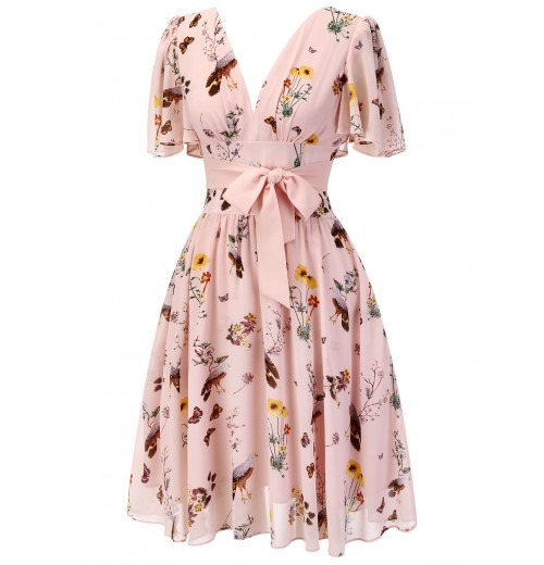 Pink Flowers And Birds Bowknot V-Neck Dress