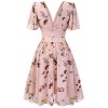 Pink Flowers And Birds Bowknot V-Neck Dress