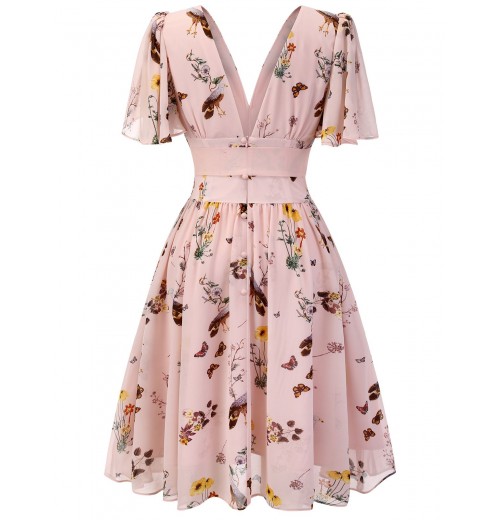 Pink Flowers And Birds Bowknot V-Neck Dress