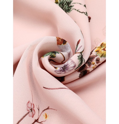 Pink Flowers And Birds Bowknot V-Neck Dress