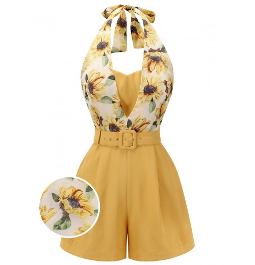 Yellow  Sunflower Halter Romper