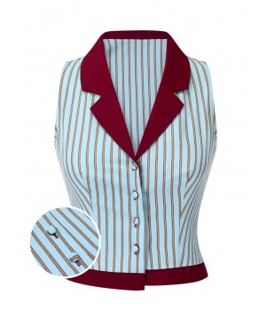 Blue  Stripes Patchwork Sleeveless Blouse