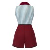 2PCS  Blue Stripes Patchwork Blouse & Red Solid Shorts