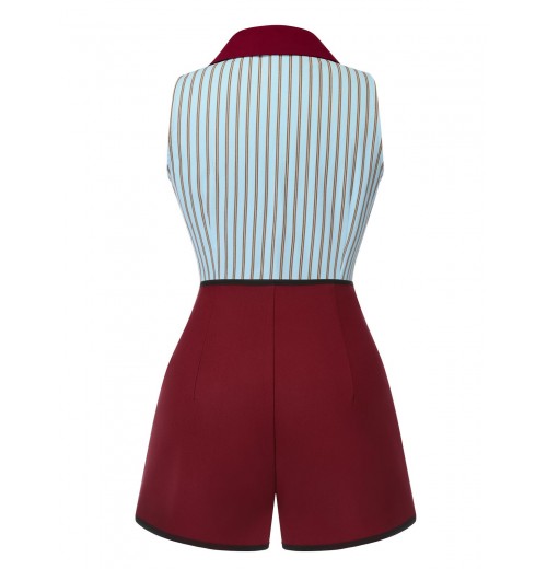 2PCS  Blue Stripes Patchwork Blouse & Red Solid Shorts