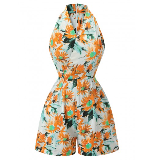 Orange  Painted Sunflower V-Neck Romper