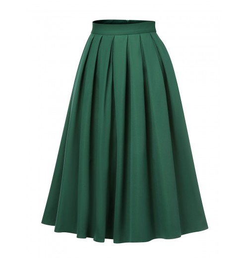 Green  Solid Pleated Skirts