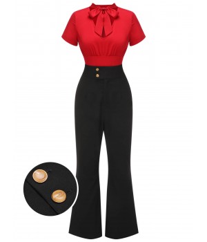 2PCS  Red Tie-Up Blouse & Black Pants