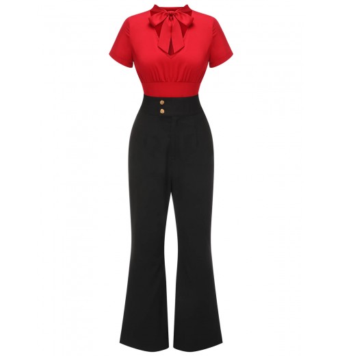 2PCS  Red Tie-Up Blouse & Black Pants