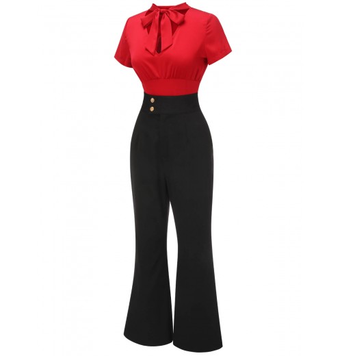 2PCS  Red Tie-Up Blouse & Black Pants