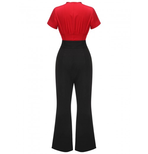 2PCS  Red Tie-Up Blouse & Black Pants