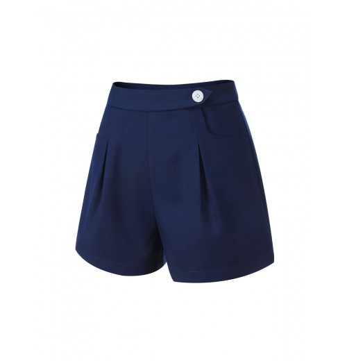 Navy Blue  Solid Button Shorts