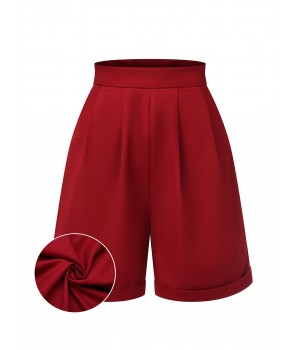 Red  Pleated Turn Over Shorts