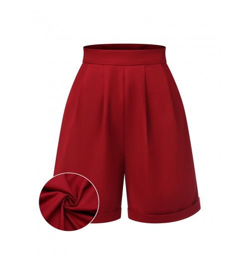 Red  Pleated Turn Over Shorts