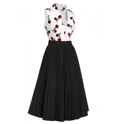 2PCS  White Roses Top & Black Skirt