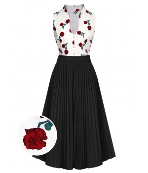 2PCS  White Roses Top & Black Skirt