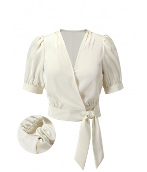 Beige  Satin Puff Sleeve V-Neck Blouse