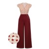 2PCS  Red Polka Dot Blouse & Burgundy Pants