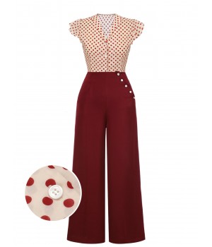 2PCS  Red Polka Dot Blouse & Burgundy Pants