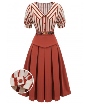 2PCS Orange Red  Striped Blouse & Pleated Skirt