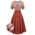 2PCS Orange Red  Striped Blouse & Pleated Skirt