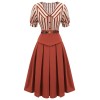 2PCS Orange Red  Striped Blouse & Pleated Skirt