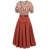 2PCS Orange Red  Striped Blouse & Pleated Skirt