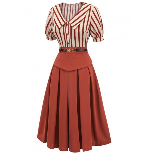 2PCS Orange Red  Striped Blouse & Pleated Skirt