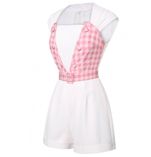 2PCS  Pink Plaid Skrit & Romper With Belt