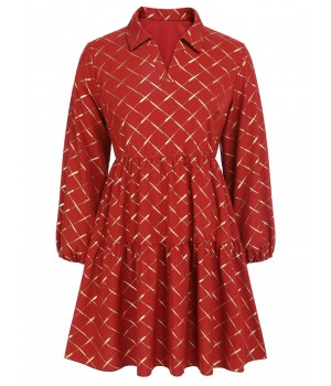 Plus Size Red  Lapel Plaid Dress