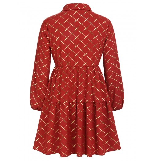 Plus Size Red  Lapel Plaid Dress