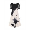 Plus Size Black & White  Ink Lotus Sheer Sleeve Dress