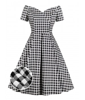 Plus Size Black&White  Off-shoulder Gingham Plaid Dress