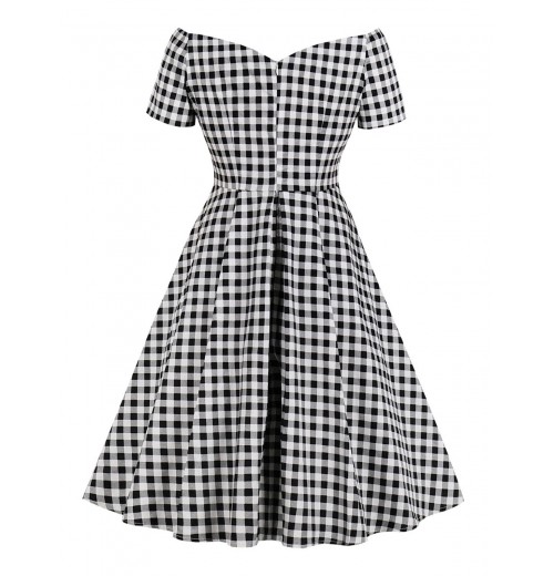 Plus Size Black&White  Off-shoulder Gingham Plaid Dress