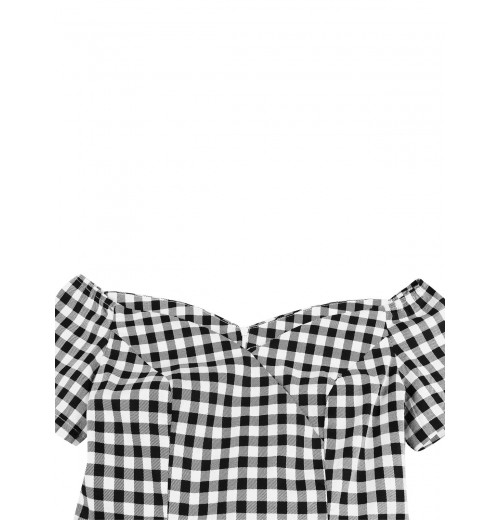 Plus Size Black&White  Off-shoulder Gingham Plaid Dress