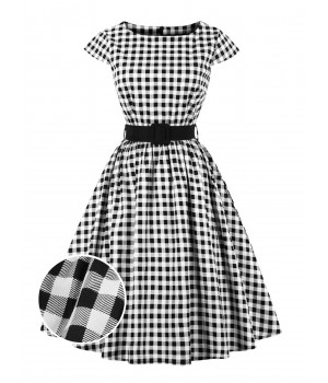 Plus Size Black  Gingham Plaid Belted Swing Dress