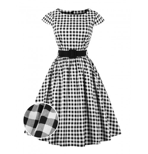 Plus Size Black  Gingham Plaid Belted Swing Dress