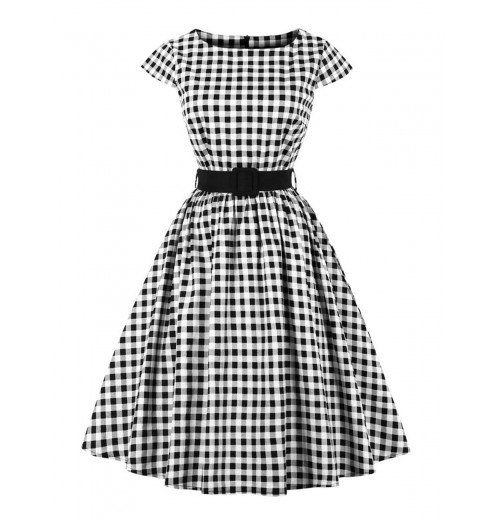 Plus Size Black  Gingham Plaid Belted Swing Dress