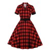 Plus Size Red & Black  Plaid Lapel Dress With Belt