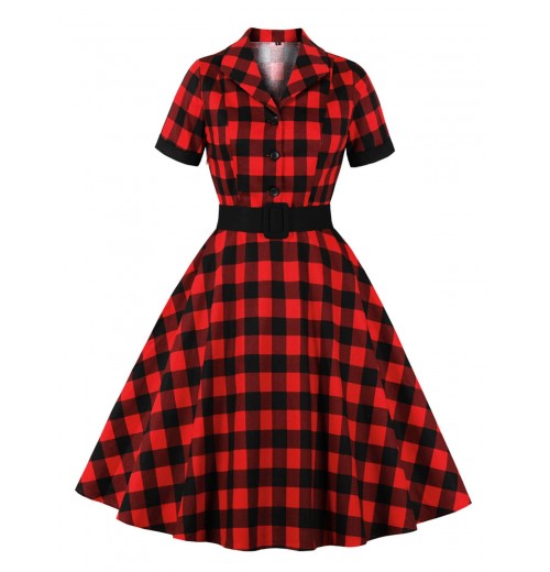 Plus Size Red & Black  Plaid Lapel Dress With Belt