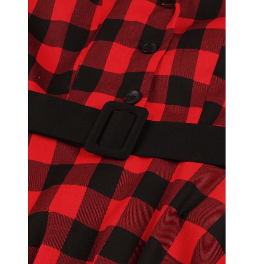 Plus Size Red & Black  Plaid Lapel Dress With Belt