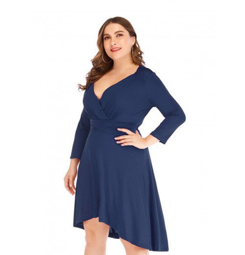 Plus Size  Solid Pleated Long Sleeved Dress