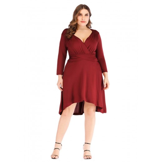 Plus Size  Solid Pleated Long Sleeved Dress