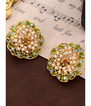 Green Rhinestone Pearl Flower Ear Studs